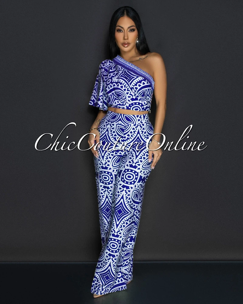Odana Royal-Blue Beige Single Shoulder Top & Pants Set