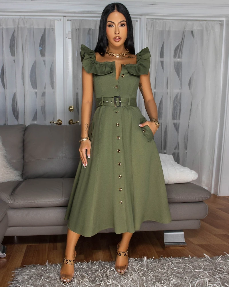 Olivera Olive Green Off-The-Shoulder Dress