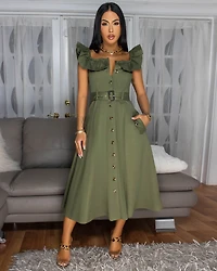 Olivera Olive Green Off-The-Shoulder Dress
