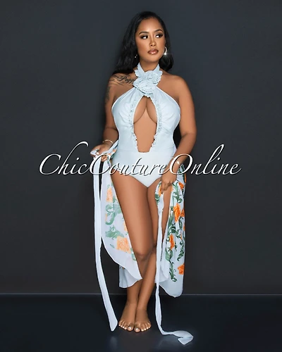 *Kristin Baby Blue Rose Halter Swimsuit & Cover Up Set