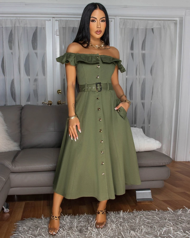 Olivera Olive Green Off-The-Shoulder Dress