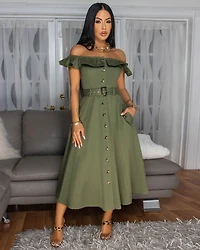 Olivera Olive Green Off-The-Shoulder Dress