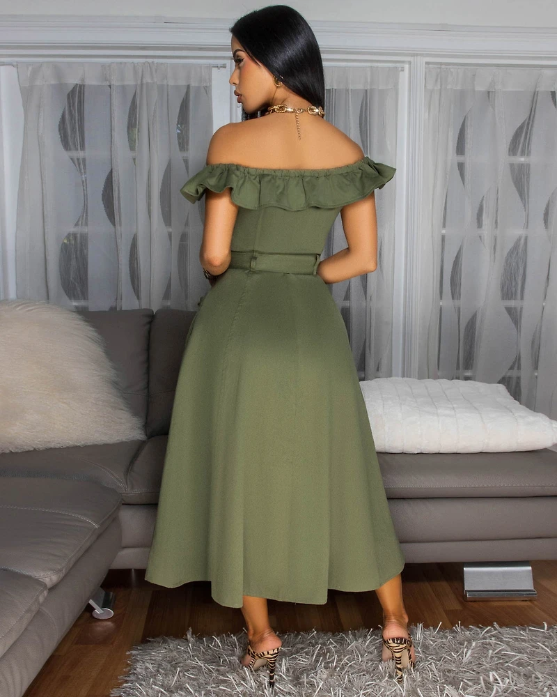 Olivera Olive Green Off-The-Shoulder Dress