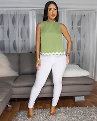 Rosebud Green White RicRac Trim Top
