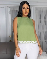 Rosebud Green White RicRac Trim Top