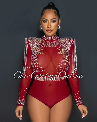 *Yonce Burgundy Ultra Luxe Embellished Padded Shoulders Bodysuit