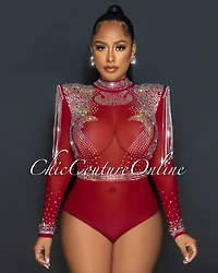 *Yonce Burgundy Ultra Luxe Embellished Padded Shoulders Bodysuit