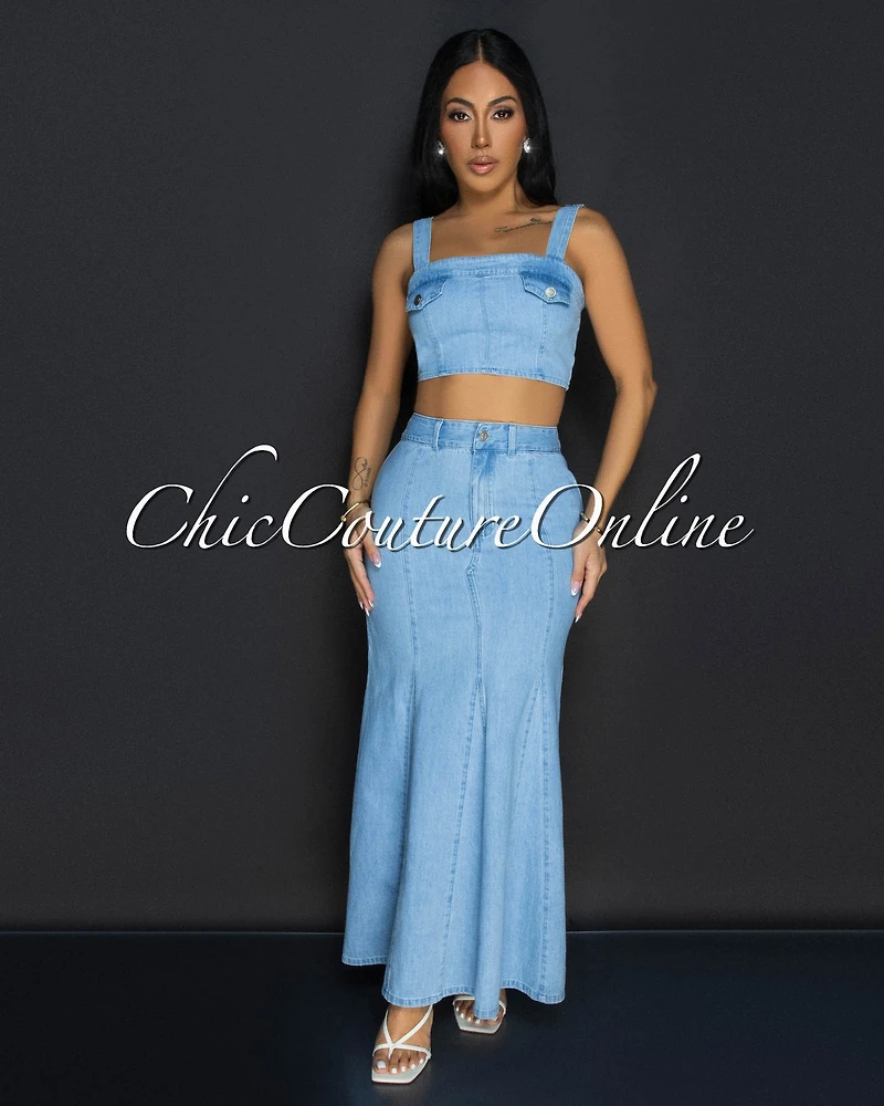 *Zeya Light Denim Crop Top & Maxi Skirt Set