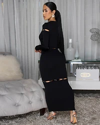 Kelsee Black Ribbed Cut-Out Body-Con Midi Dress