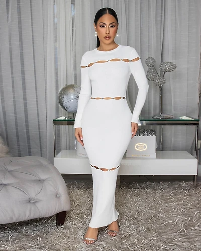 Kelsee White Ribbed Cut-Out Body-Con Midi Dress