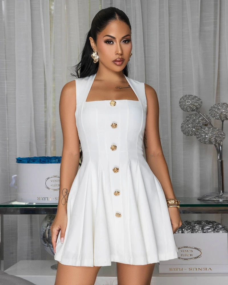 Miris White Gold Button Skater Dress