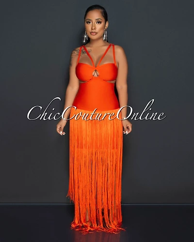 *Evelyn Orange Cut-Out Fringe Hem Bandage Dress