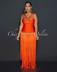 *Evelyn Orange Cut-Out Fringe Hem Bandage Dress