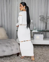 Kelsee White Ribbed Cut-Out Body-Con Midi Dress