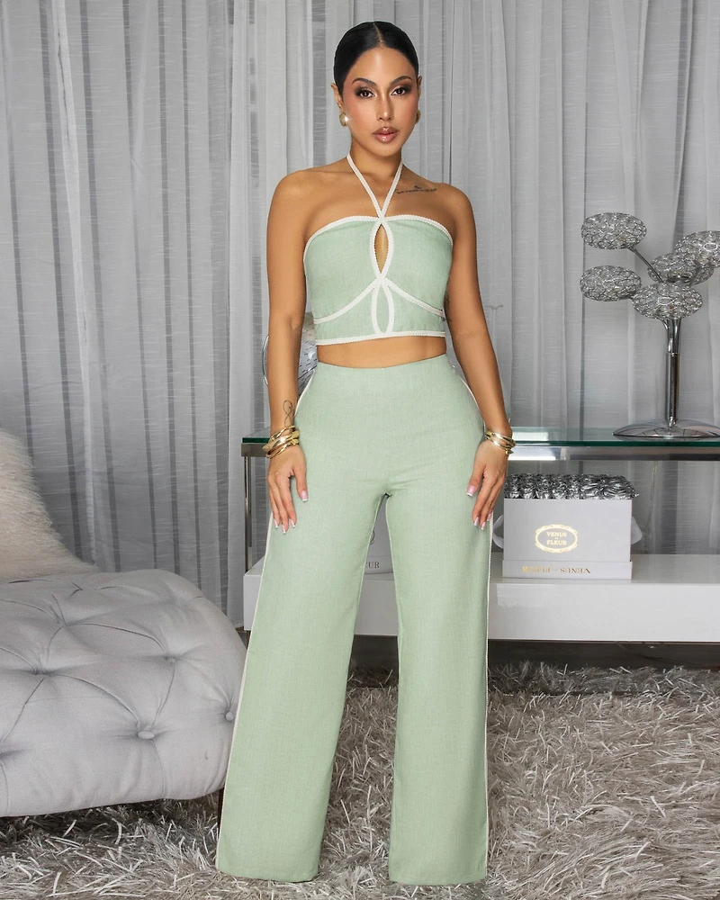 Callan Sage Green Rope Trim Halter Pants Set