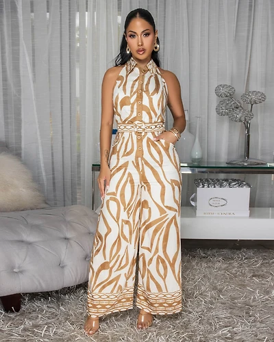 Selia Taupe Cream Floral Print Jumpsuit