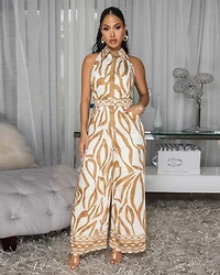 Selia Taupe Cream Floral Print Jumpsuit