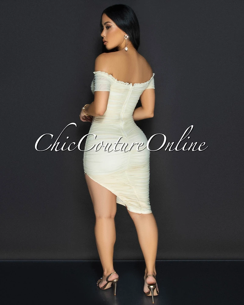 *Linna Cream Ruched Off-The Shoulder Dress