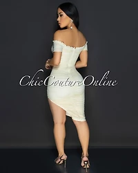 *Linna Cream Ruched Off-The Shoulder Dress