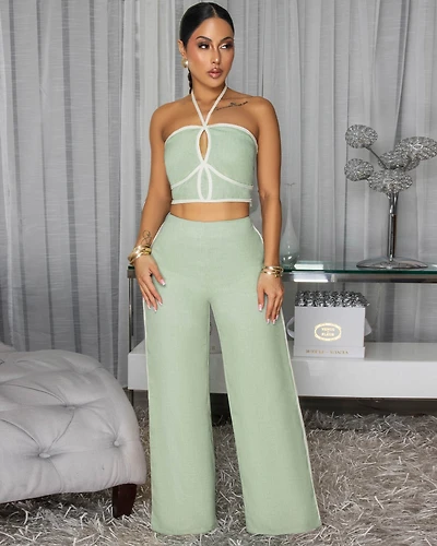 Callan Sage Green Rope Trim Halter Pants Set