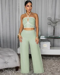 Callan Sage Green Rope Trim Halter Pants Set