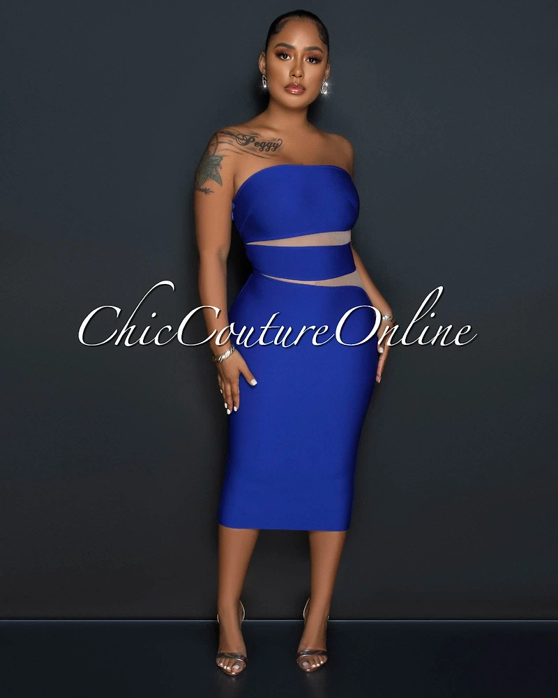 *Jetta Royal Blue Nude Mesh Accent Bandage Midi Dress