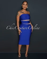 *Jetta Royal Blue Nude Mesh Accent Bandage Midi Dress