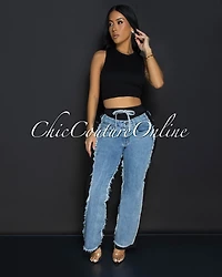 Allie Black Blue Denim Sporty Wide Legs Pants