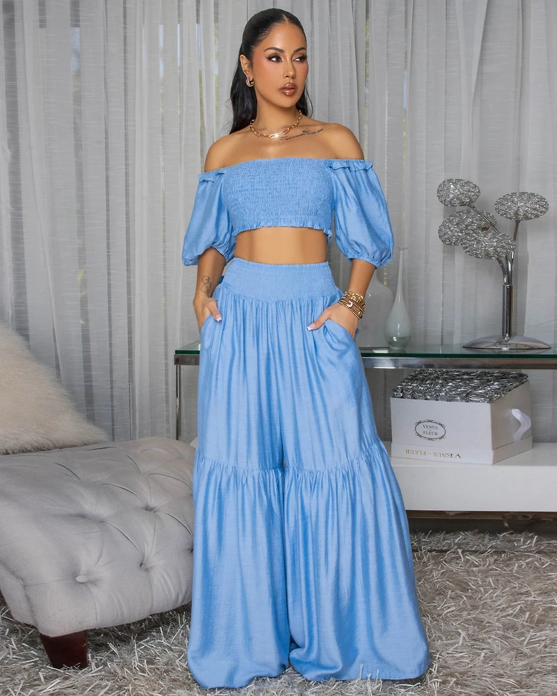 Andy Light Blue Smocked Crop Top & Wide Pants Set