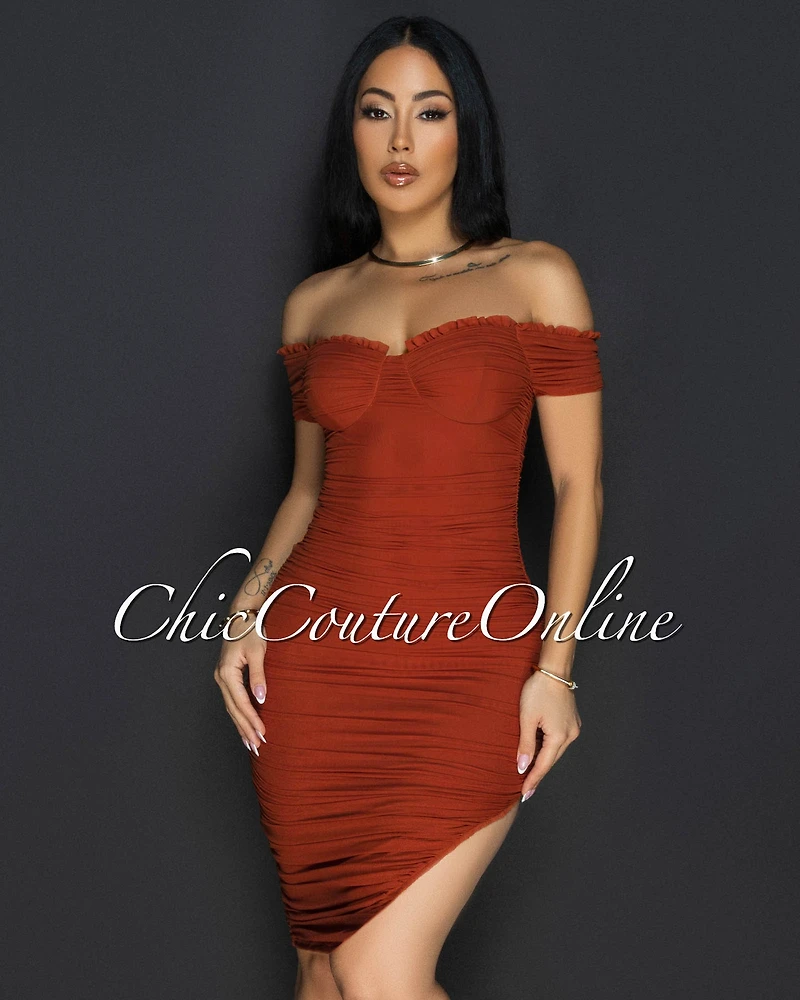 *Linna Cognac Ruched Off-The Shoulder Dress