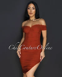 *Linna Cognac Ruched Off-The Shoulder Dress