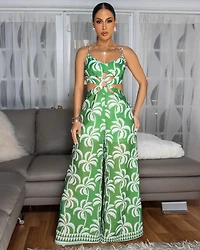 Zoya Sage Green White Print Cut-Out Front Jumpsuit