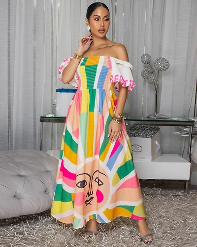 Reece Cream Multi-Color Print Maxi Dress