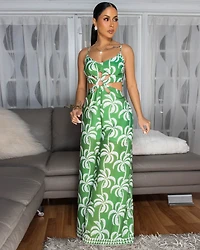 Zoya Sage Green White Print Cut-Out Front Jumpsuit