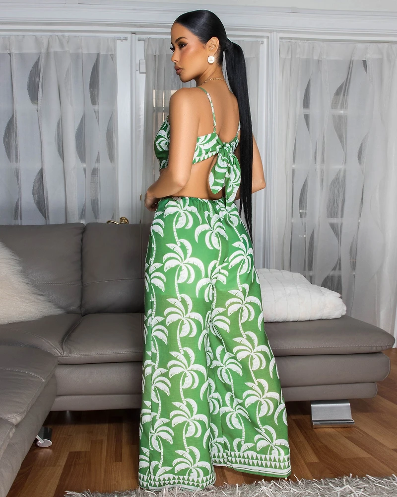 Zoya Sage Green White Print Cut-Out Front Jumpsuit