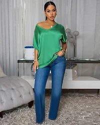 Sannela Forrest Green Silky V-Neckline Top