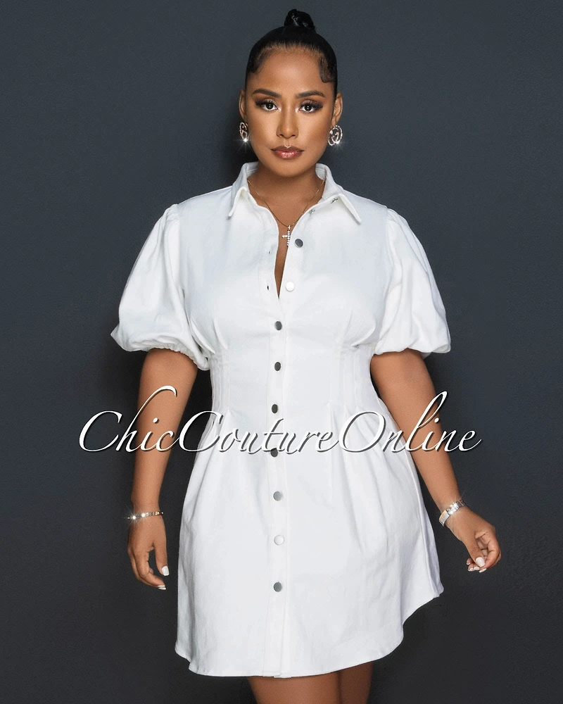 *Harper Off-White Bubble Sleeves Pleated Denim Dress