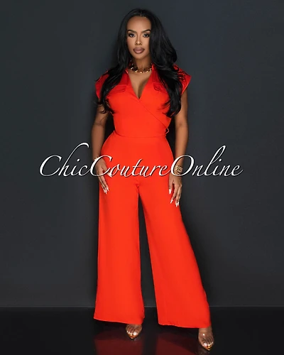 *Silo Red Collared Cross Tie Top & Wide Legs Pants Set