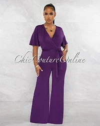 *Reilly Purple V-Neck Self-Tie Belt Jumpsuit