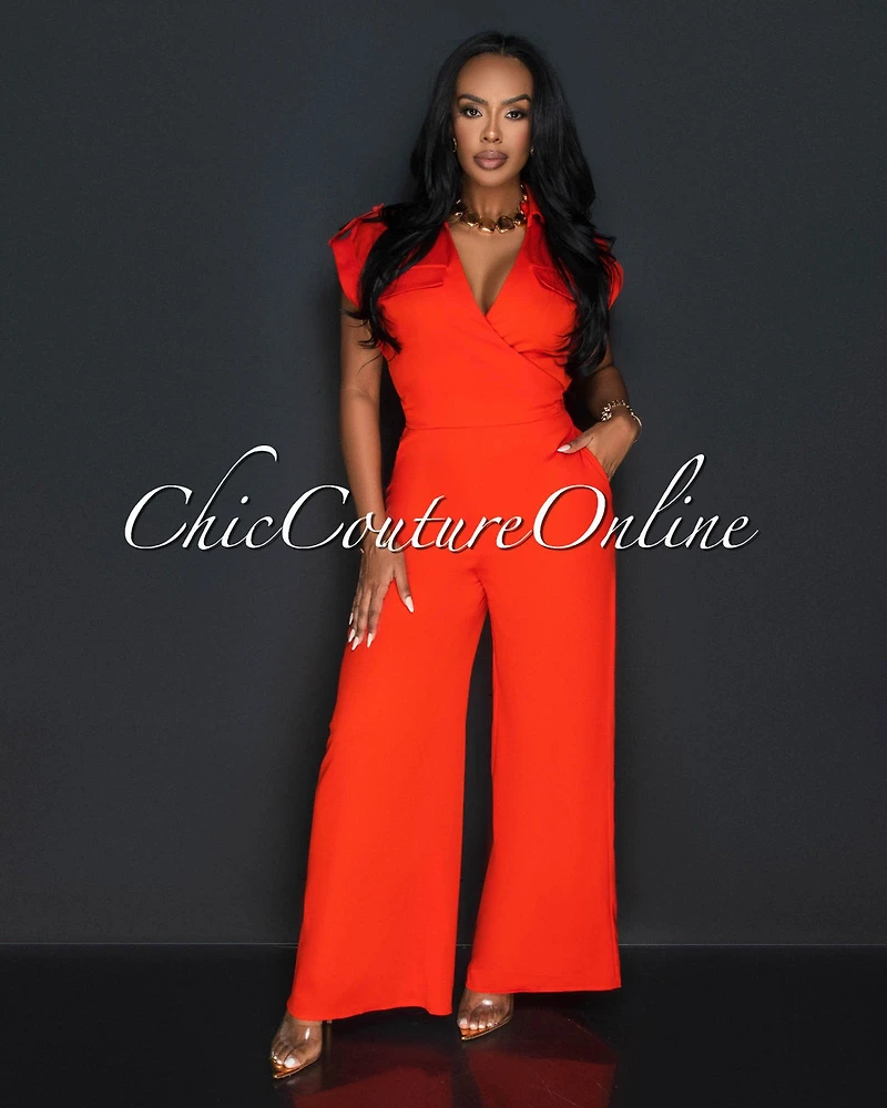 *Silo Red Collared Cross Tie Top & Wide Legs Pants Set