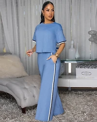 Emmalee Blue Chambray Top & Wide Pants Set