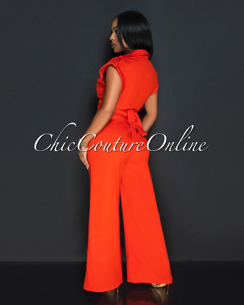 *Silo Red Collared Cross Tie Top & Wide Legs Pants Set
