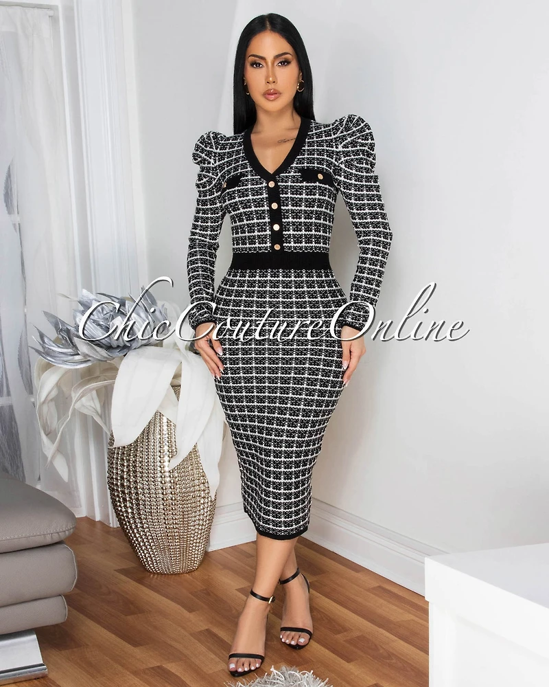 Valmy Black White Knit Midi Dress