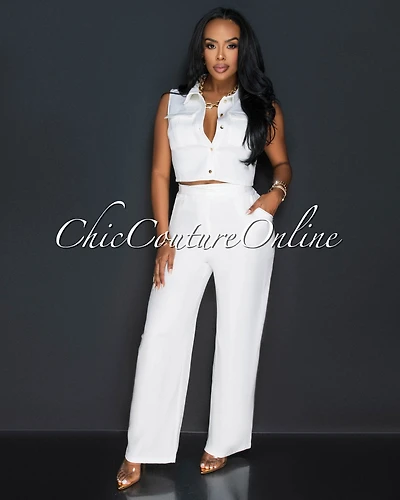 Koa Off-White Sleeveless Cargo Top & Wide Legs Pants Set