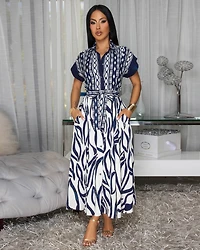 Vixen Navy-Blue Cream Floral Print Maxi Dress