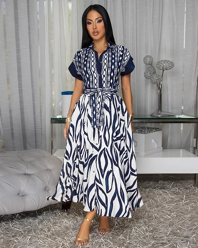 Vixen Navy-Blue Cream Floral Print Maxi Dress