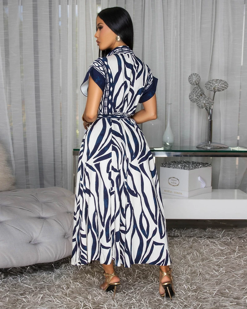 Vixen Navy-Blue Cream Floral Print Maxi Dress