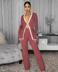 India Mauve White Trim Knit Pants Set