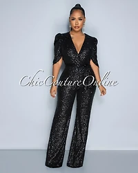 *Mellie Black Sequins Bubble Sleeves Jumpsuit