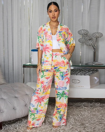 Ellington Ivory Multi-Color Palm Tree Print Pants Set